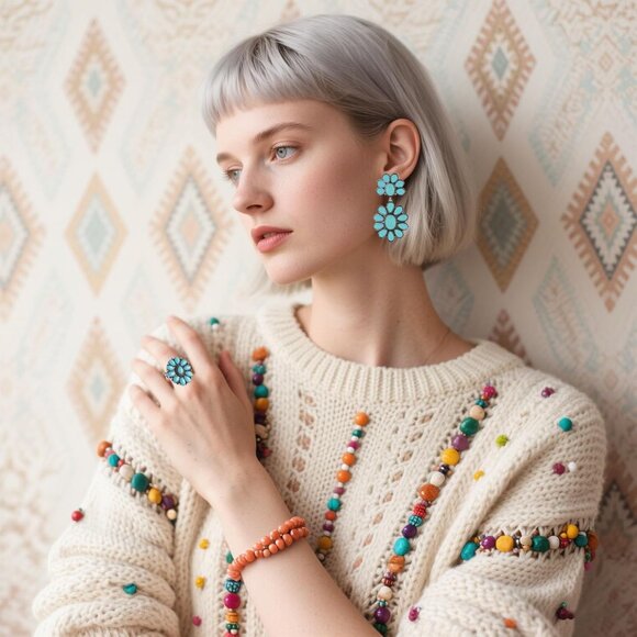 4 PCS Western Turquoise Jewelry for Women Boho Vintage Navajo Pearl Necklace Ear - Picture 2 of 8